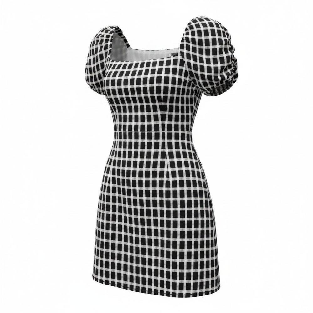 Le Lis Mini Dress Womens Large Black White Gingham Excellent Puff Sleeve TD5141